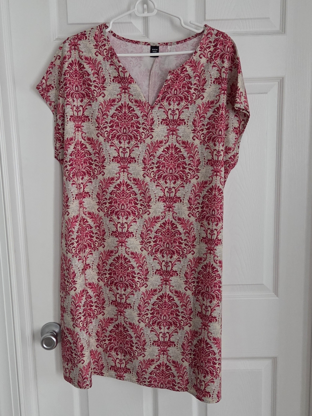 SHEIN Cream Midi Dress with Pink Damask Print